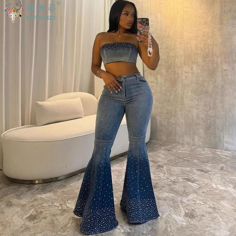 

Luxury Full Diamonds Woman Denim Pant Sets Sexy Strapless Top Camis HighWaist Flare Jeans Summer All-match Fashion Party Outfits