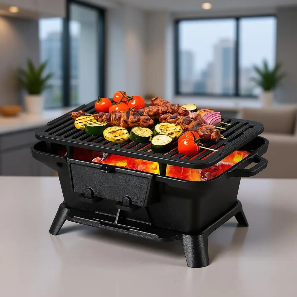Hibachi Grill al aire libre, mini parrilla de carbón portátil, hierro fundido presazonado, sartén de mesa pequeña Yakitori japonesa, estufa para parrilla