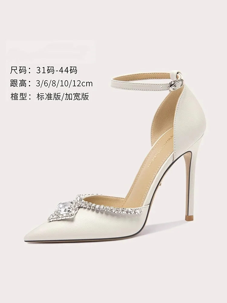 

Summer new pointed toe leather rhinestone low-heeled wedding shoes thin high-heeled banquet large size small size women's sandal