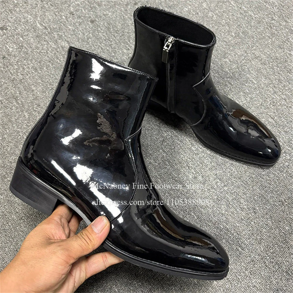 Glossy Patent Leather Round Toe Men Ankle Boots Side Zipper Luxury Daily Business Wedding Nightclub Plus Size Formal Dress Shoes