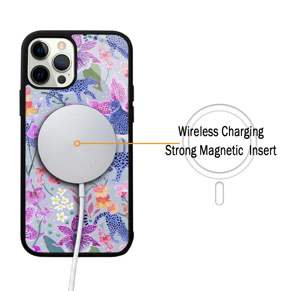 Blue Leopards In Orchid Garden Case For iphone 11 12 13 14 15 Plus Pro Max Mirror Acrylic For Magsafe Wireless Charging