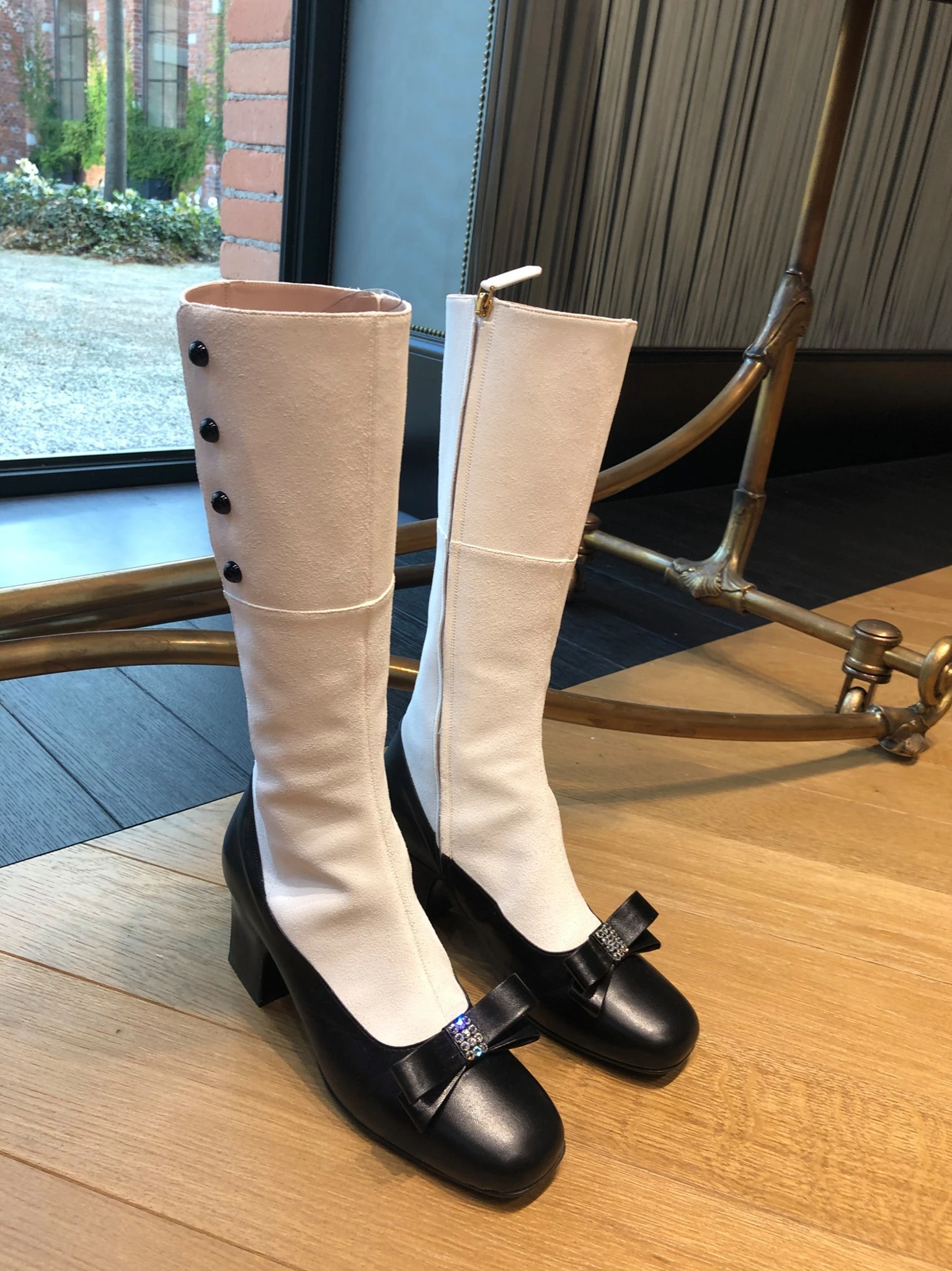 New Autumn/Winter Women's Black White Color Block Two Tone Knee High Boots Bowknot Decor Button Detail Block Mid Heel Long Boots