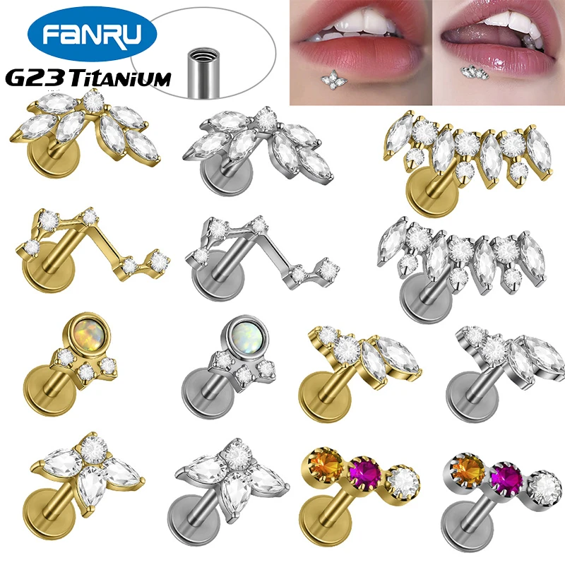2PC G23 Titanium Zircon Horse's Eye Stud Internally Threaded Flatback Tragus Cartilage Nose Lip Earlobe Labret Piercing Jewelry