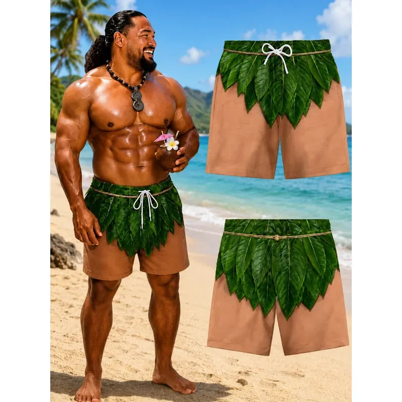 for Men Tropical Leaf Skirt Illusion Swim Shorts Funny Hawaiian Luau 3D Print Beach Trunks Adjustable Drawstring Elastic