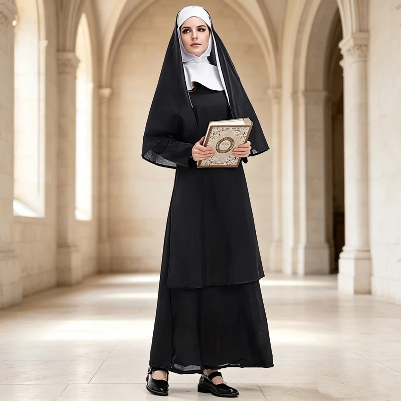 Costume de nonne pour adulte, robe longue noire pour femme, déguisement de missionnaire chrétien catholique, cosplay, carnaval, bal masqué
