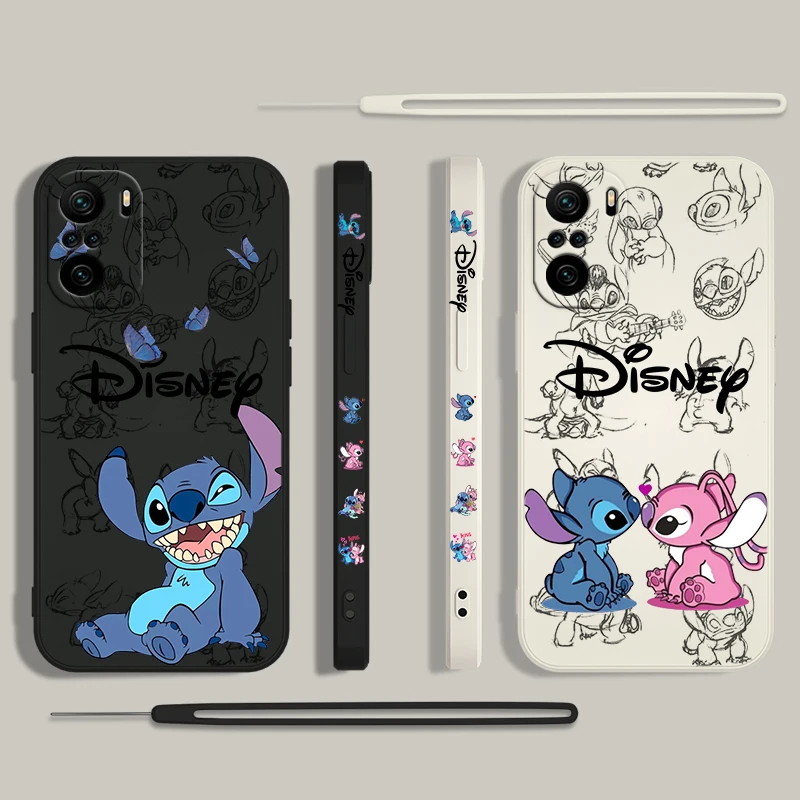 Disney Super Cute Stitch For Xiaomi Redmi Note 13 12 12Pro 11 11S 11T 10S 10 Pro Plus Liquid Left Rope 5G Phone Case