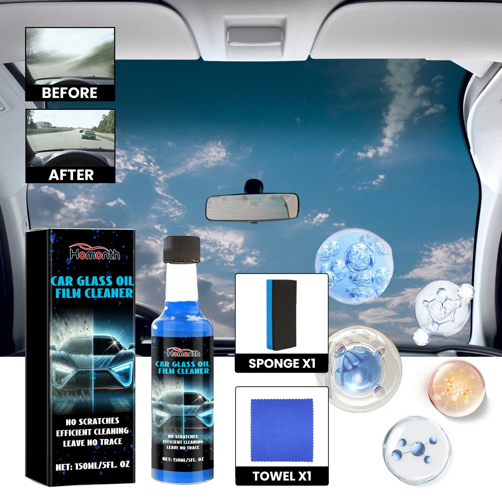 

150ml Car Glass Cleaner-Oil Film Water Spot Remover Helps Improve Visibility with Hydrophobic Protection Safe for All Auto Glass