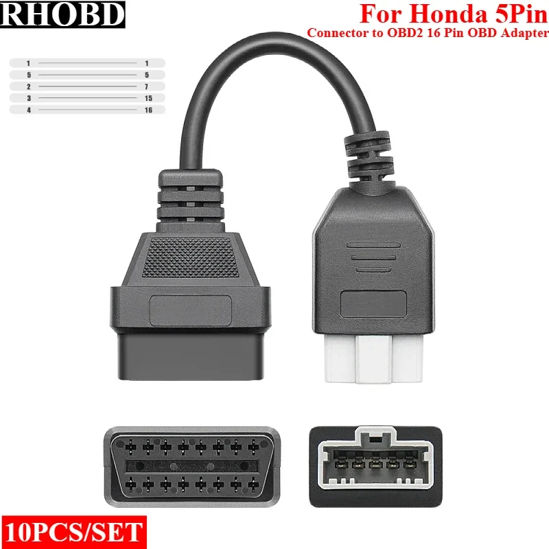 

10 шт./компл., высокое качество для Honda 5-контактный разъем адаптера OBD OBD2, диагностический инструмент, кабели для OBD до 16-контактного разъема