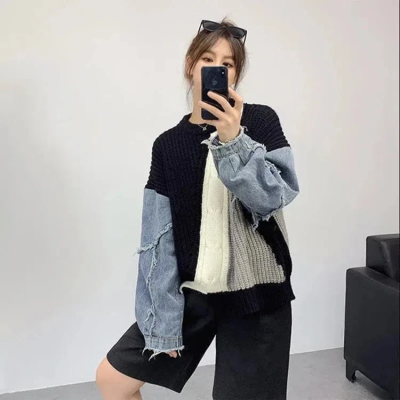 Autumn Winter Fashion Round Neck Long Sleeve Patchwork Contrast Color Cowboy Pullovers Women's Clothing Korean All-match Tops