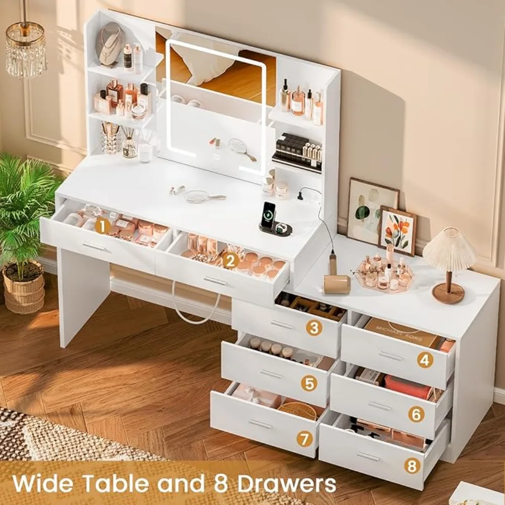 65.9'' Makeup desk with Mirror and Lighting Dressing Table with Storage Space Dressing desk