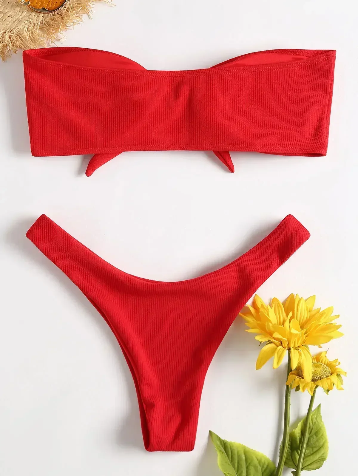 2024 New Bikini Bottoms Women's Swimsuit Low Waisted Bottom Solid Red Swimwear Thong Beachwear Brazilian Bathing Suit Summer