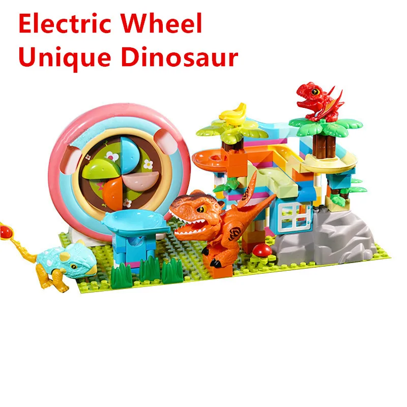 159PCS Catapult Dinosaur Marble Run Building Blocks Electric Rotate WIndwheel Compatible Big Rolling Ball Track Educational Toy