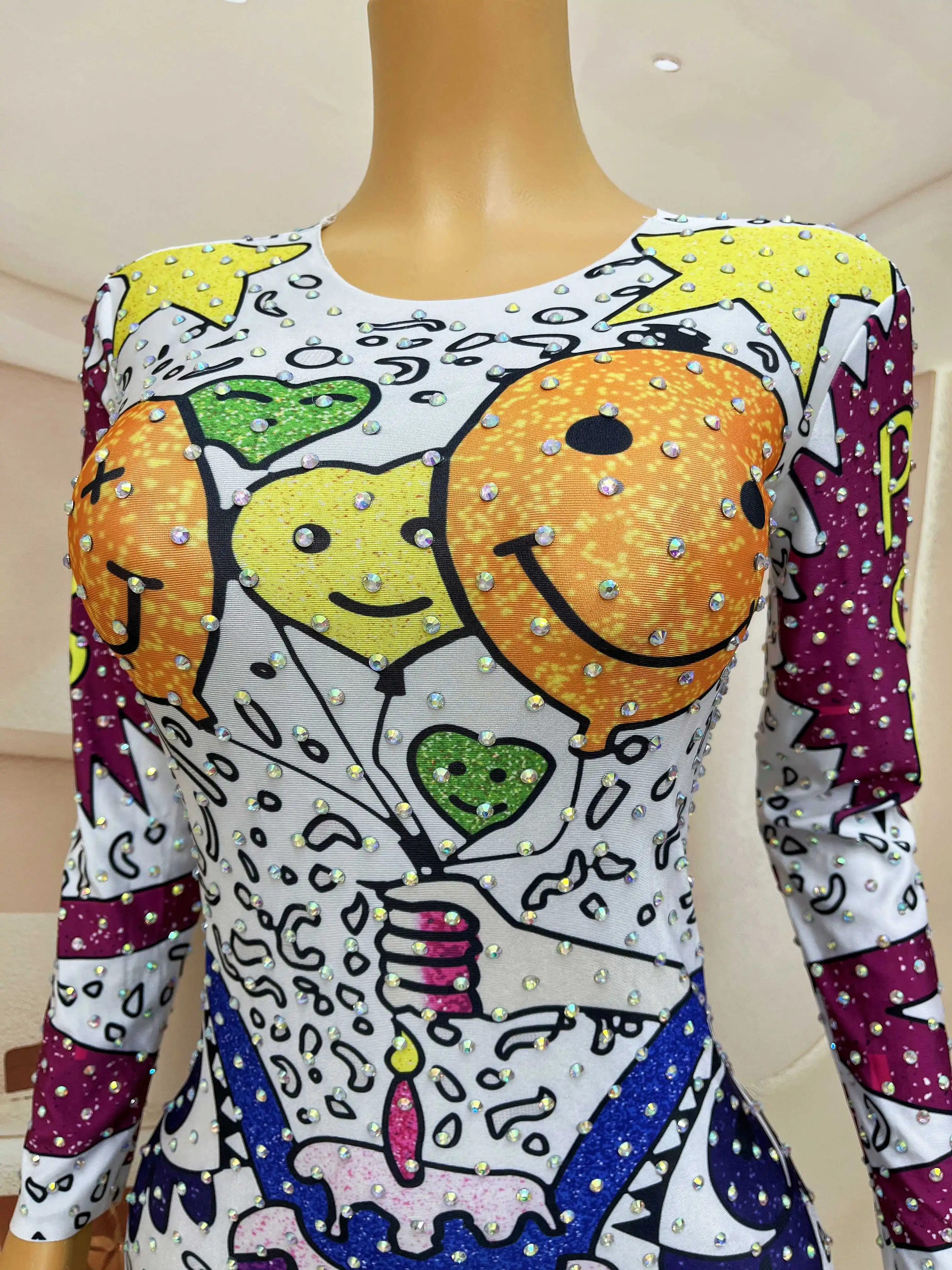 Cute colorful cake balloon pattern handmade rhinestone spandex stretch jumpsuit birthday party dance party collection qiqiu