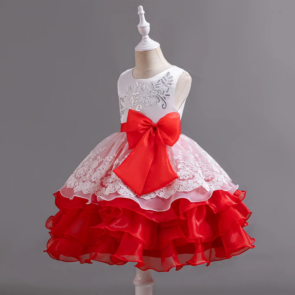 939 Cute red bow girl multi-layer cake princess Dress suitable for casual wear on Children\'s Day outings