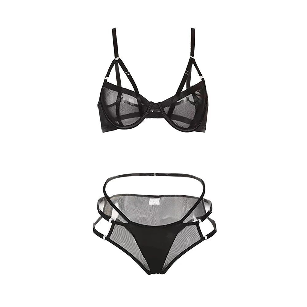 Mesh Sheer Bondage Lingerie Harness Woman Push Cage Bra Transparent Panties Brief Set Woman 2 Pieces ​outfits intimo sexy donna