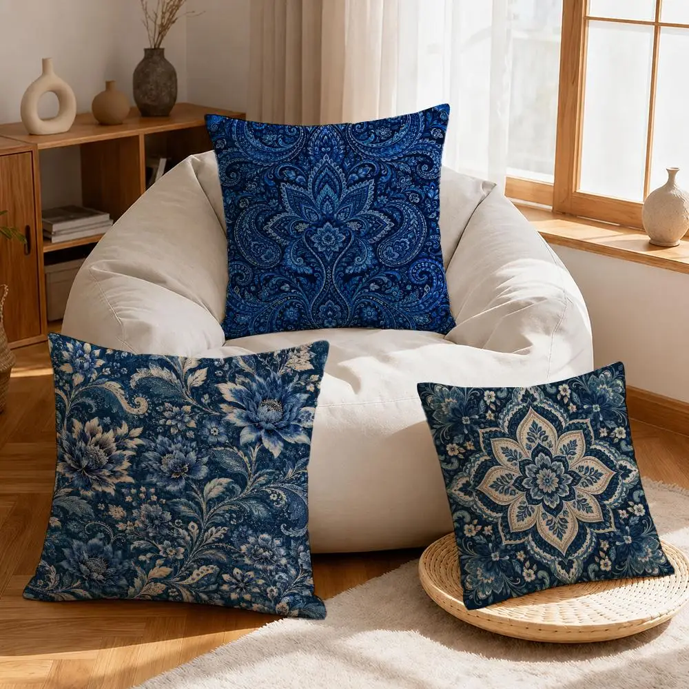 Art Vintage Blue Paisley Floral Pattern Cushion Cover Linen Anti-Mite Antibacterial Cushion Cover Invisible Zipper Sofa Decor