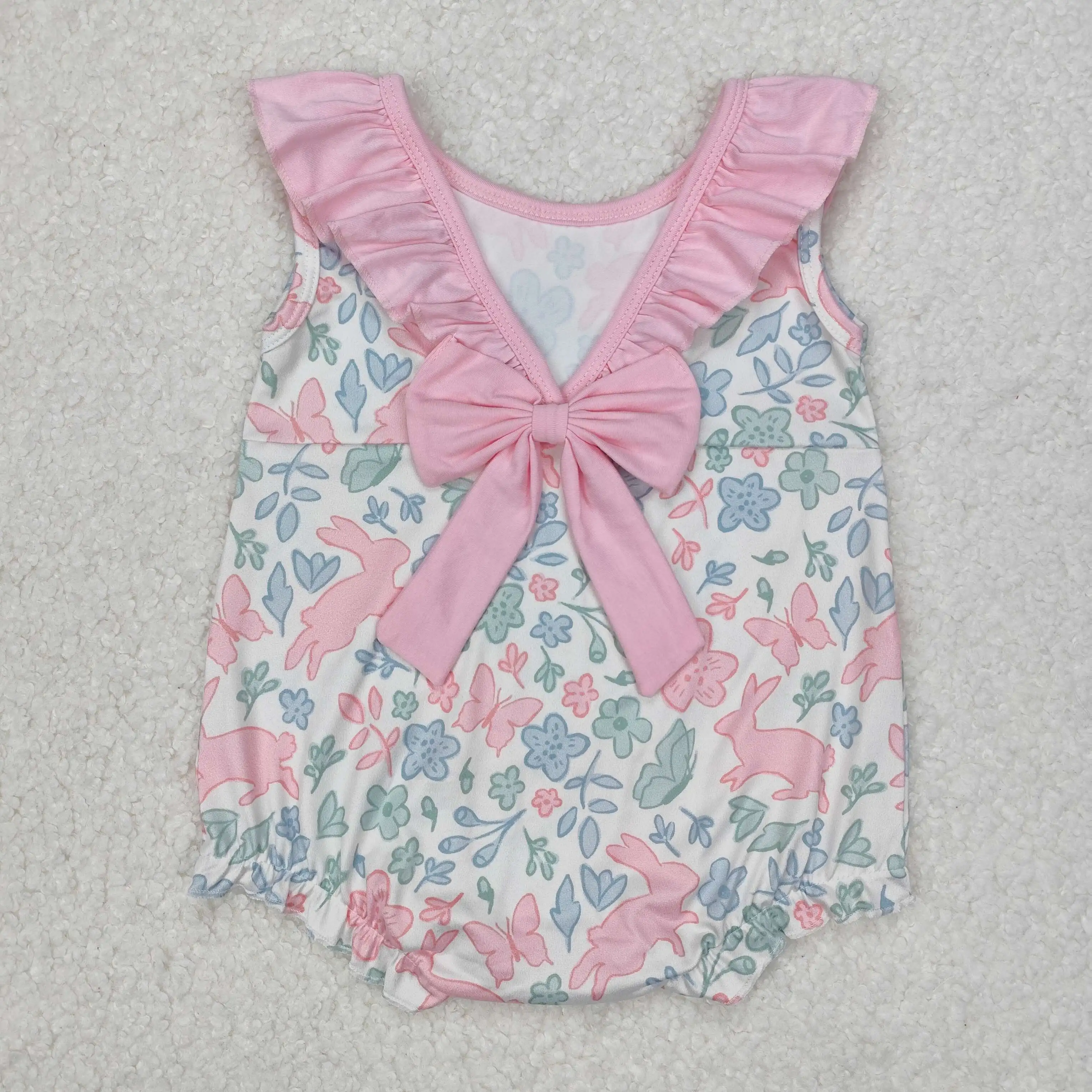 

New Short sleeve girls pink rabbit Bow boutique clothing set RTS Summer Jumpsuit baby clothes girls Romper bodysuit one-piece