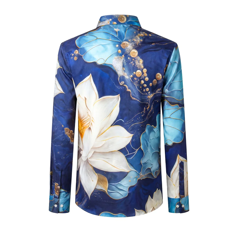 Luxury Ocean Style Shirt Men's Rhinestone Flower Long Sleeved Casual Shirts Business Social Office Dress Shirt Men Clothing 2026