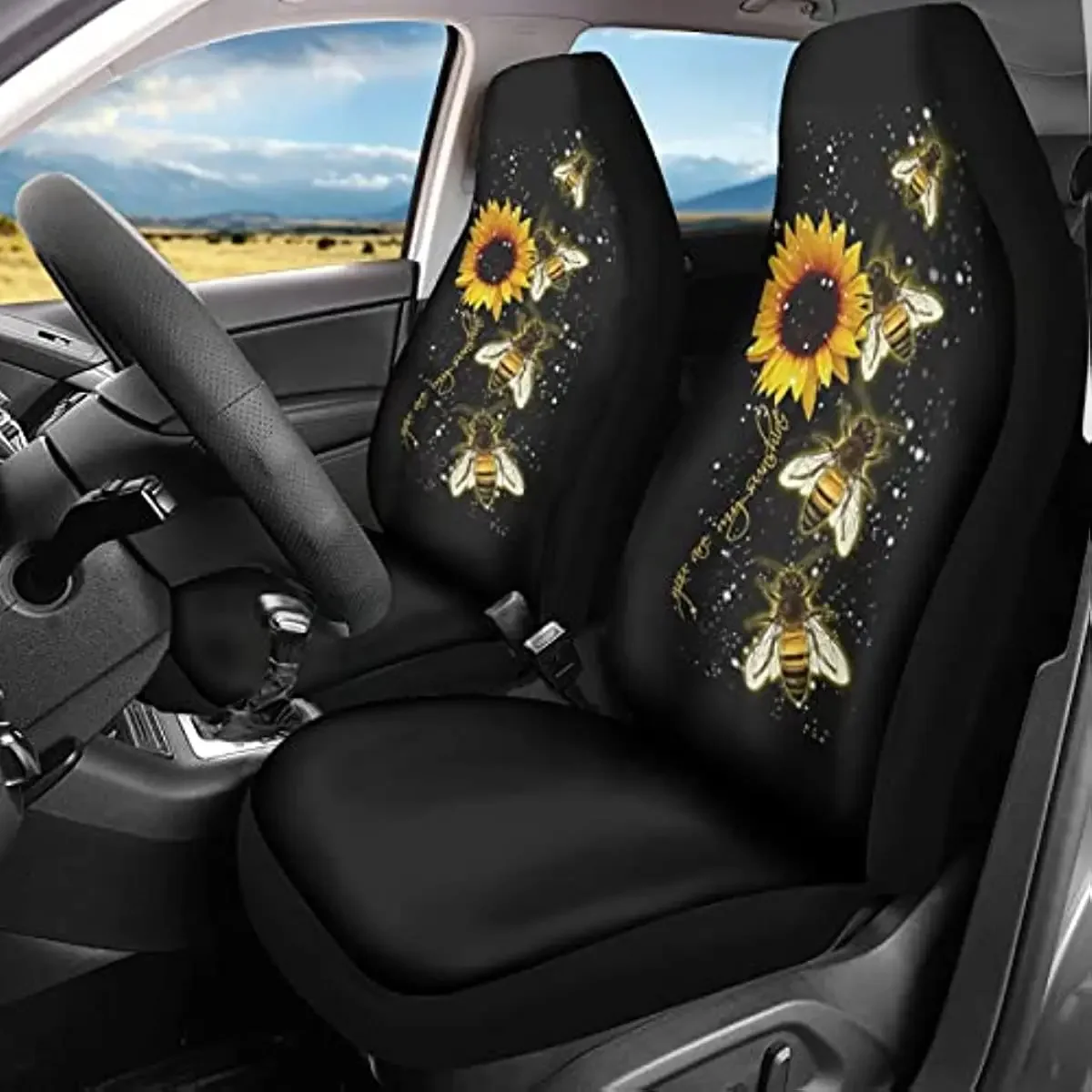 Bee with Sunflower in Black Car Seat Cover You are My Shineshine Floral SUV,Sedan,Van Seat Heavy Dusty Protector, Beautiful