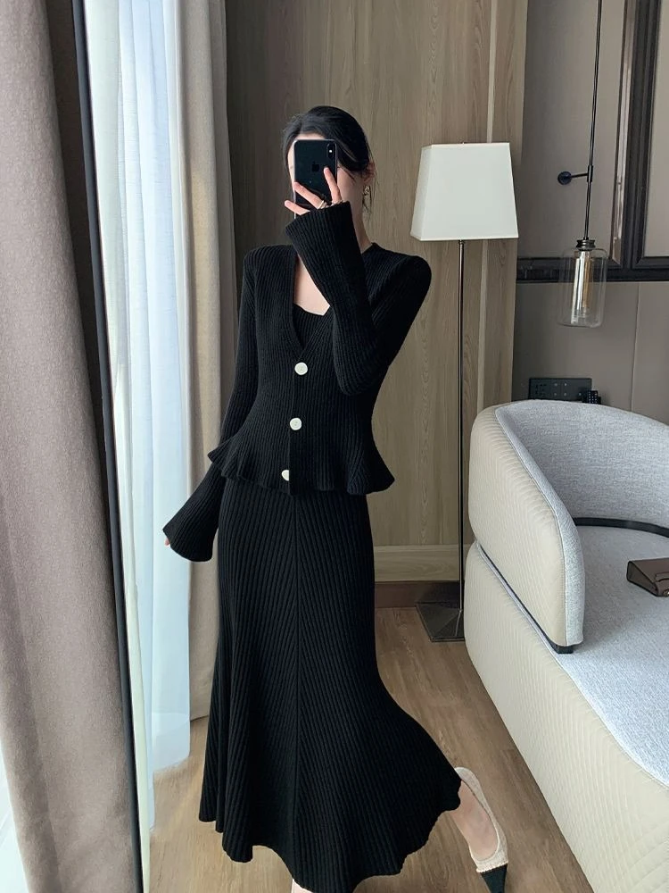 

Dress Knitted Top Two Piece Set Women's Autumn New Style Black Strap Long Skirt+Single breasted V-neck Cardigan Elegant Set