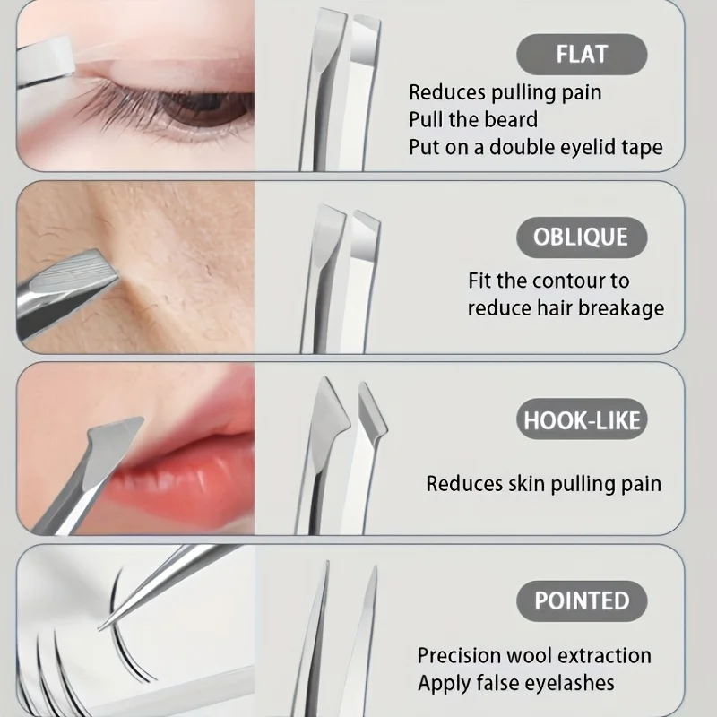 Conjunto de pinças de aço inoxidável de precisão, 4 unidades, remoção de sobrancelhas, nariz e pêlos faciais, sem fragrância, acabamento brilhante, cuidados de beleza