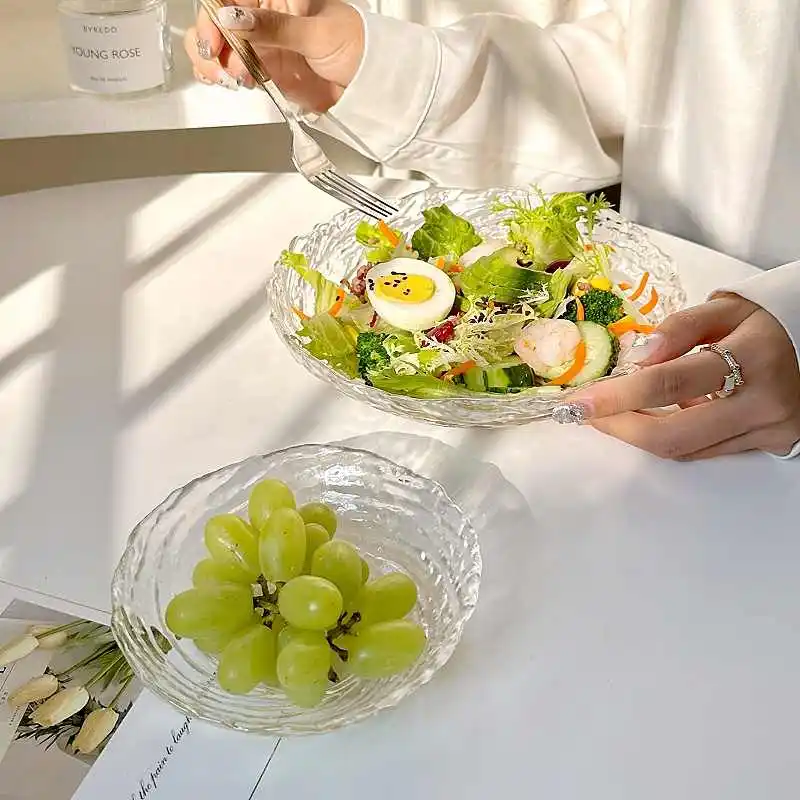 Irregular Ice Pattern Glass Bowl Fruit Tray Household Living Room Snacks Deep Dish Vegetable Salad Bowls Tableware