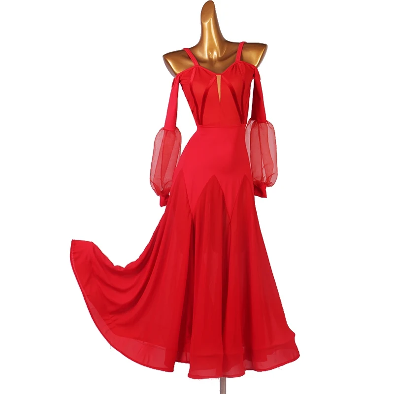 فستان رقص نسائي قياسي بدون أكتاف ملابس رقص قاعة الرقص أداء الفالس فساتين طويلة للسيدات أسود أحمر أزرق 4477