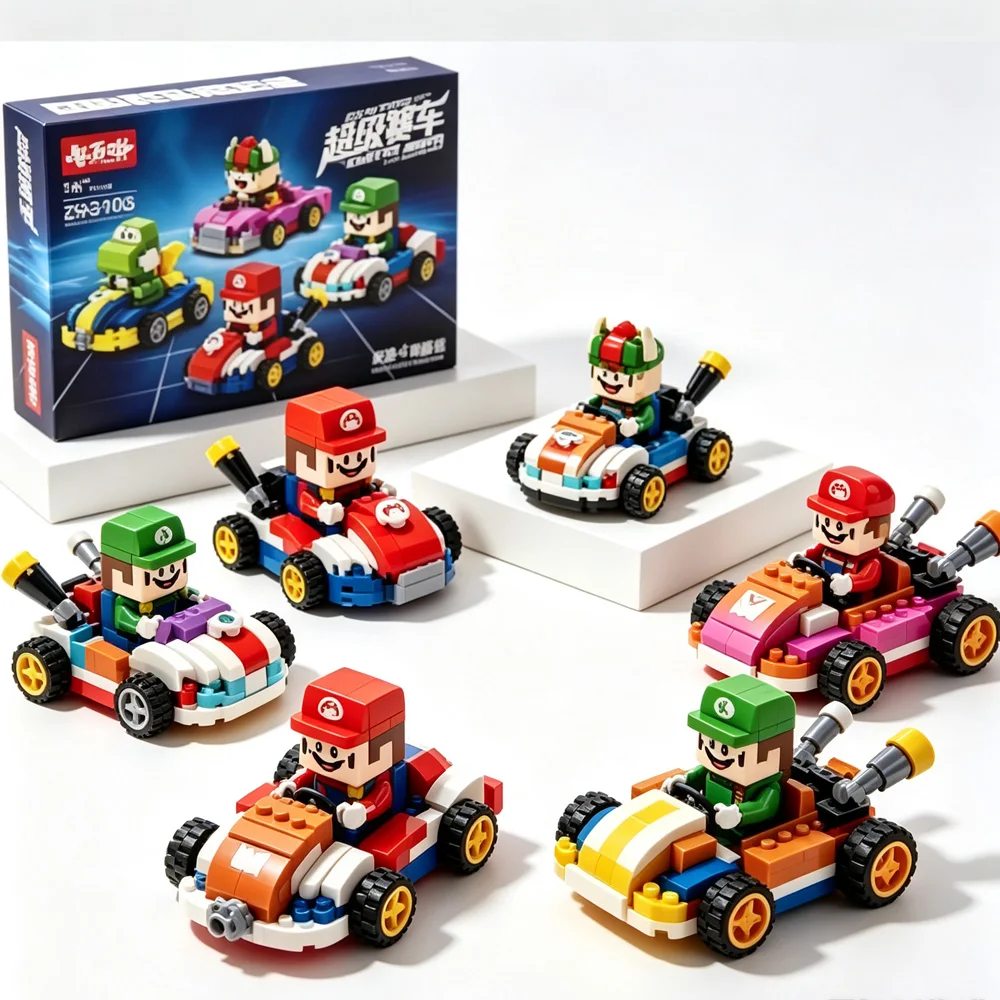 NEW 4PCS Super Mario Bros Martin Car Building Blocks Luigi Bowser Yoshi Toys Pull Back Car Game Model Collect Birthday Gift