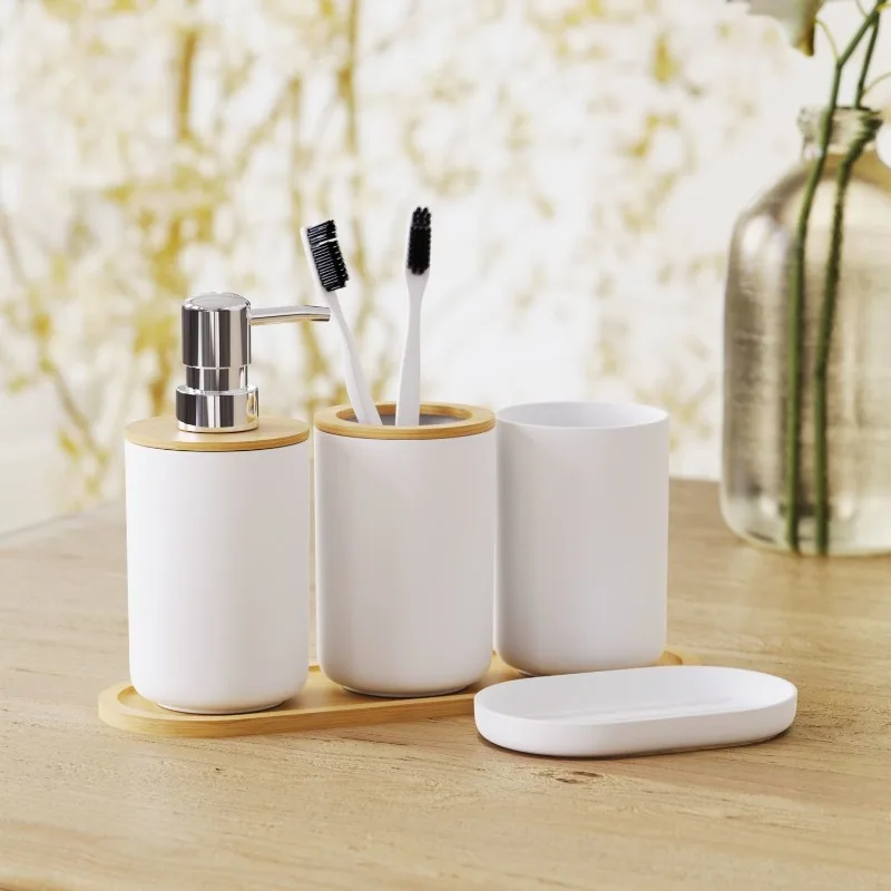 Creative Bathroom 5-piece Washing Set Household Mouthwash Cup Lotion Bottle with Wooden Tray Bathroom Accessories Home Decor