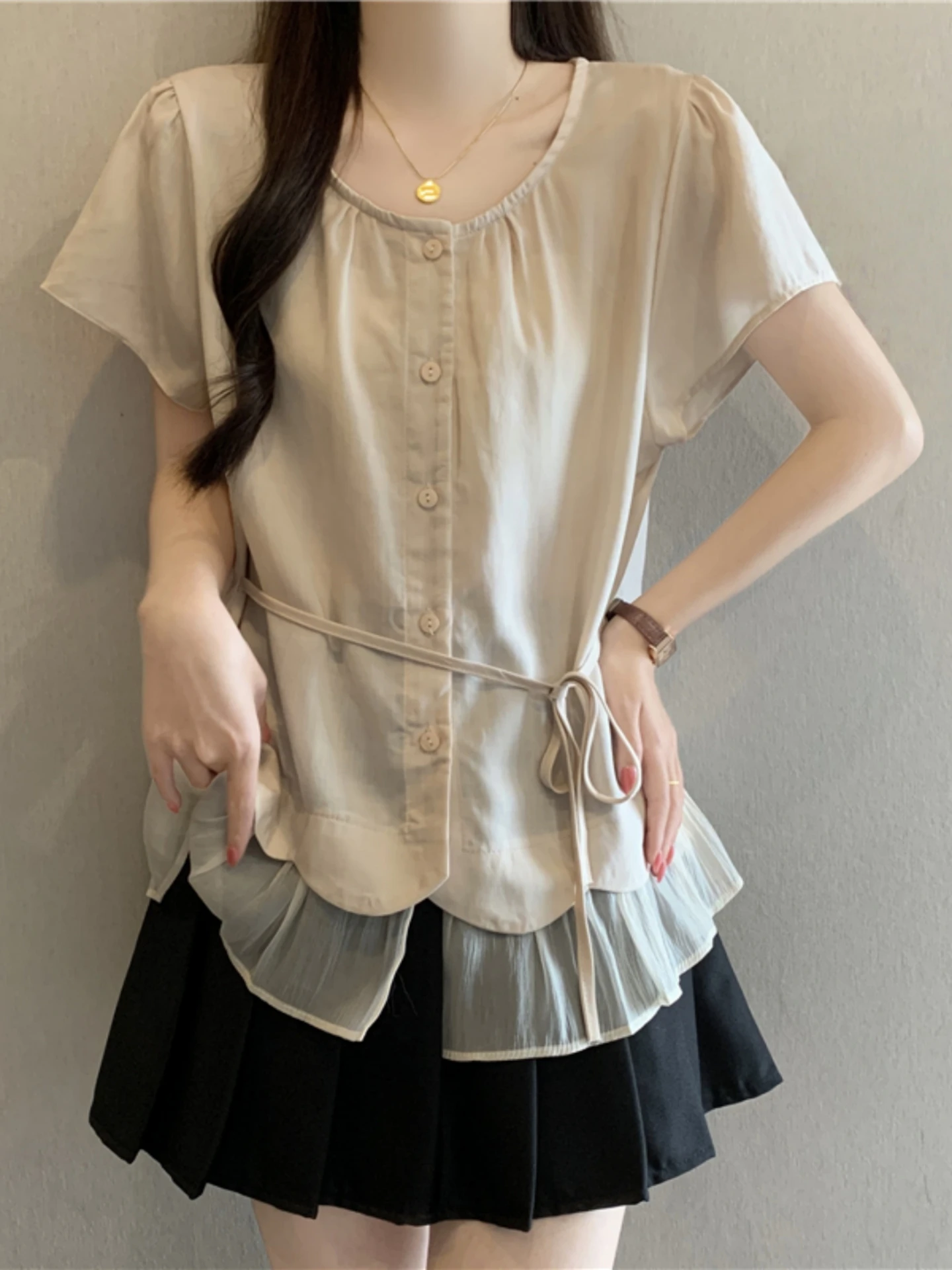 

Slimming Short Sleeve Shirts Women's Summer Base Layer Blouse Belted Kimono Style Korean Loose Fit Breathable round Neck Top