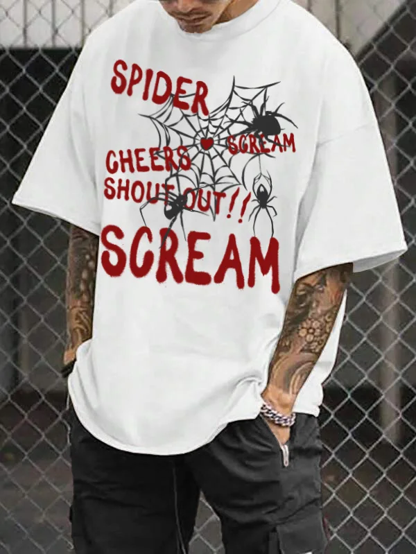 Men Oversized T Shirt Spider Web Heart Scream Letter Print Crew Neck Short Sleeve Gothic Street Loose Casual Tee