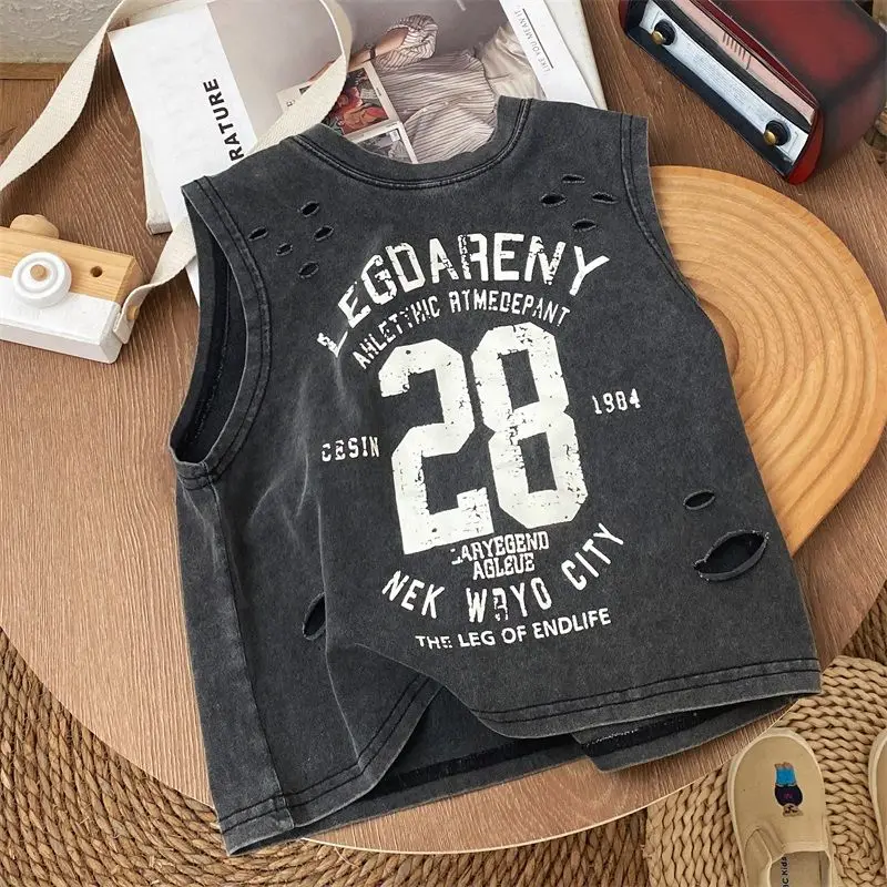 Summer Handsome Boys New Worn Black Pure Cotton Sleeveless Perforated T-shirt Loose Style Baby Tank Top