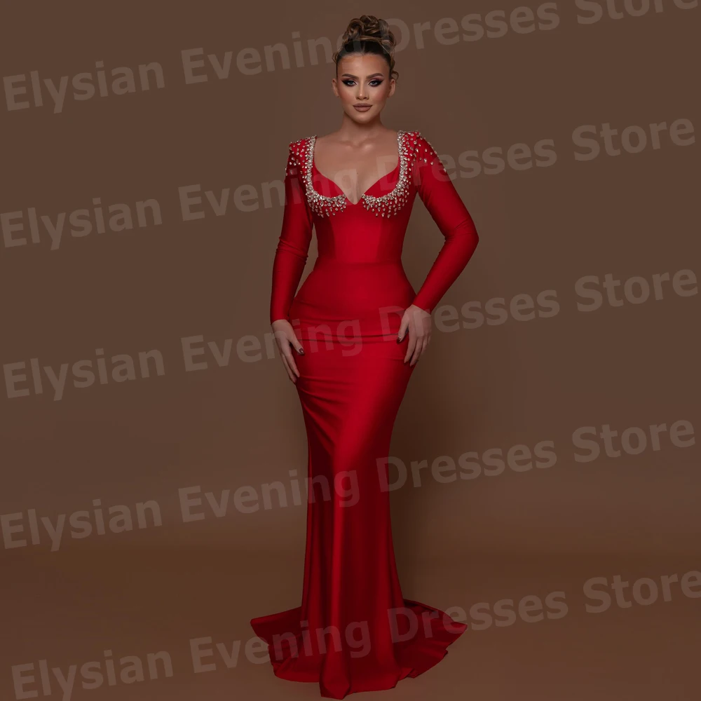 

Elegant Women's Mermaid Evening Dresses V Neck Formal Party Customized Prom Gowns Long Sleeve Beaded Vestido De Gala Noche Mujer