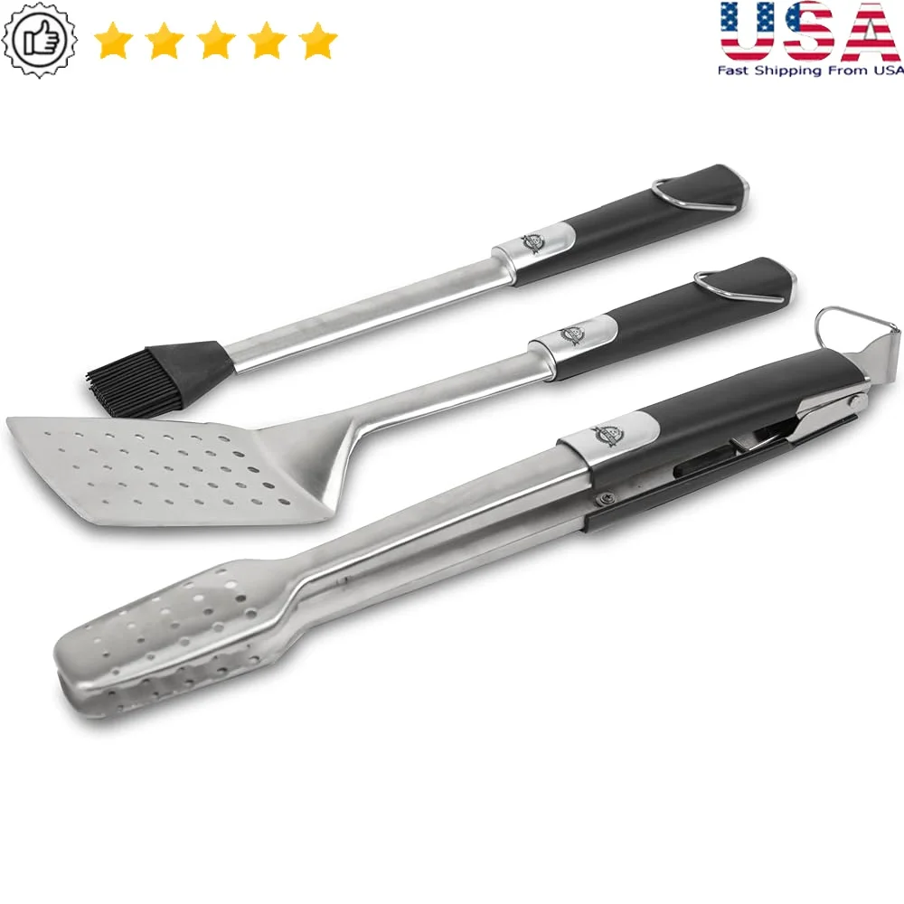 

Stainless Steel 3 Piece Grill Tool Set Locking Tongs Spatula Silicone Basting Brush Heat Resistant Easy Clean