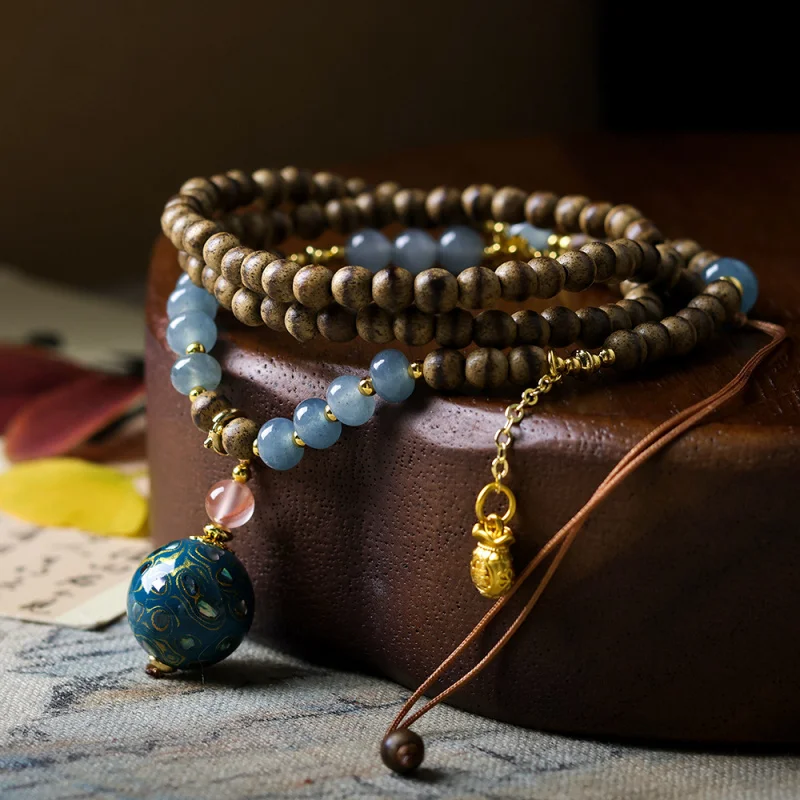 New - premium amber agarwood necklace, Chinese-style lacquer beads sweater chain accessory