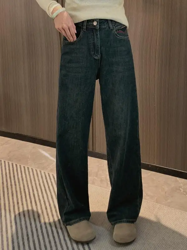 

Джинсы женские с высокой талией, вышивкой и эффектом выцветания, свободные прямые брюки, повседневные, для осеннего сезона, удобные широкие брюки