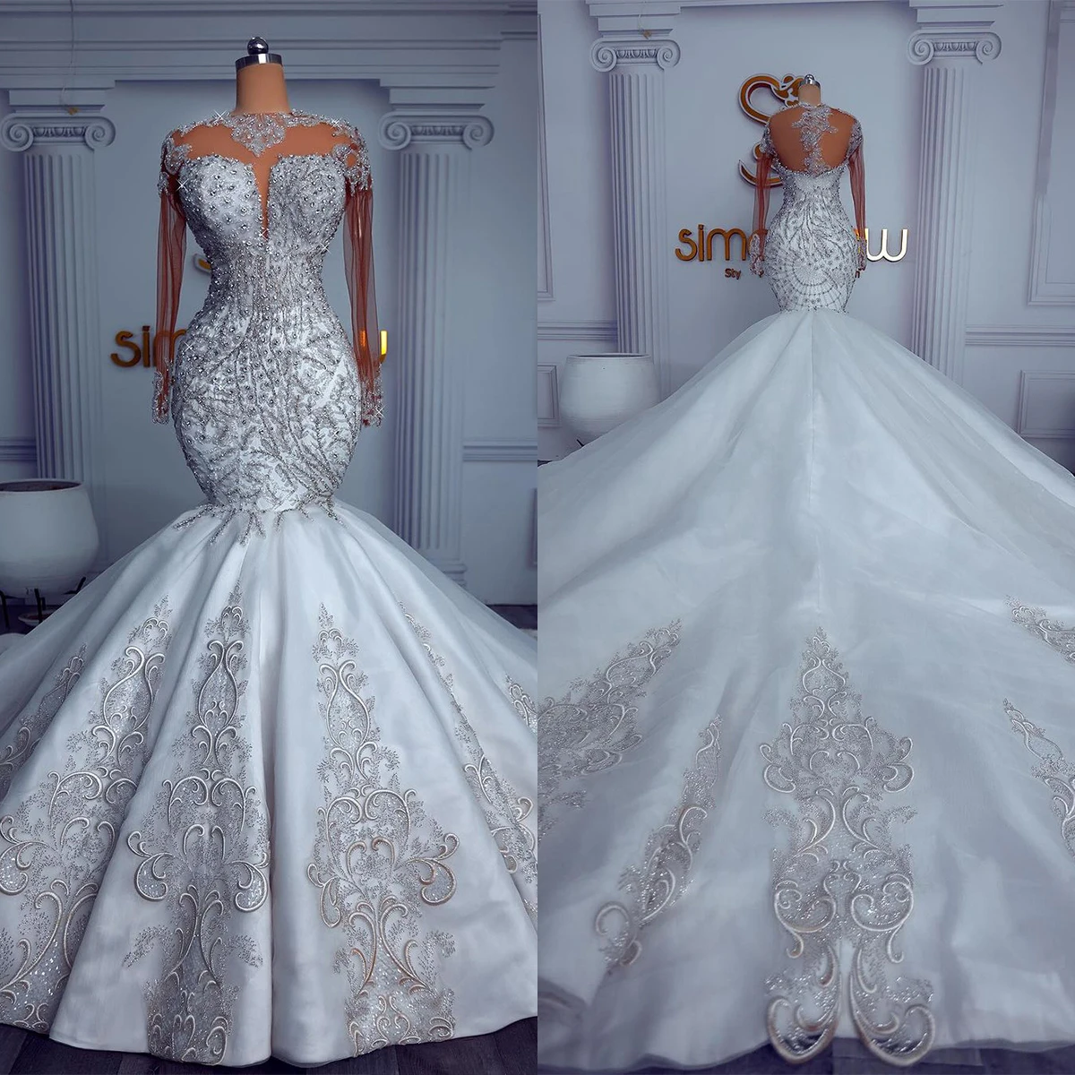 Gorgeous Mermaid Wedding Dresses Crystal Sequins Beading Rhinestone Bridal Gowns Long Sleeve Sweep Train Brides Dress