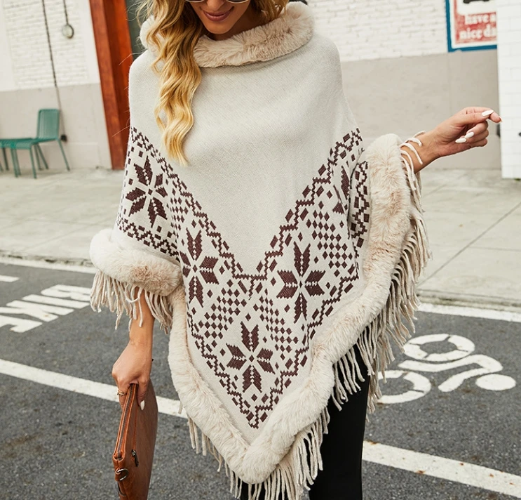 

Fashion Fur Collar Beaded Tassel Cape Shawl Winter Clothes Woman Fashion 2024 Sweater Female