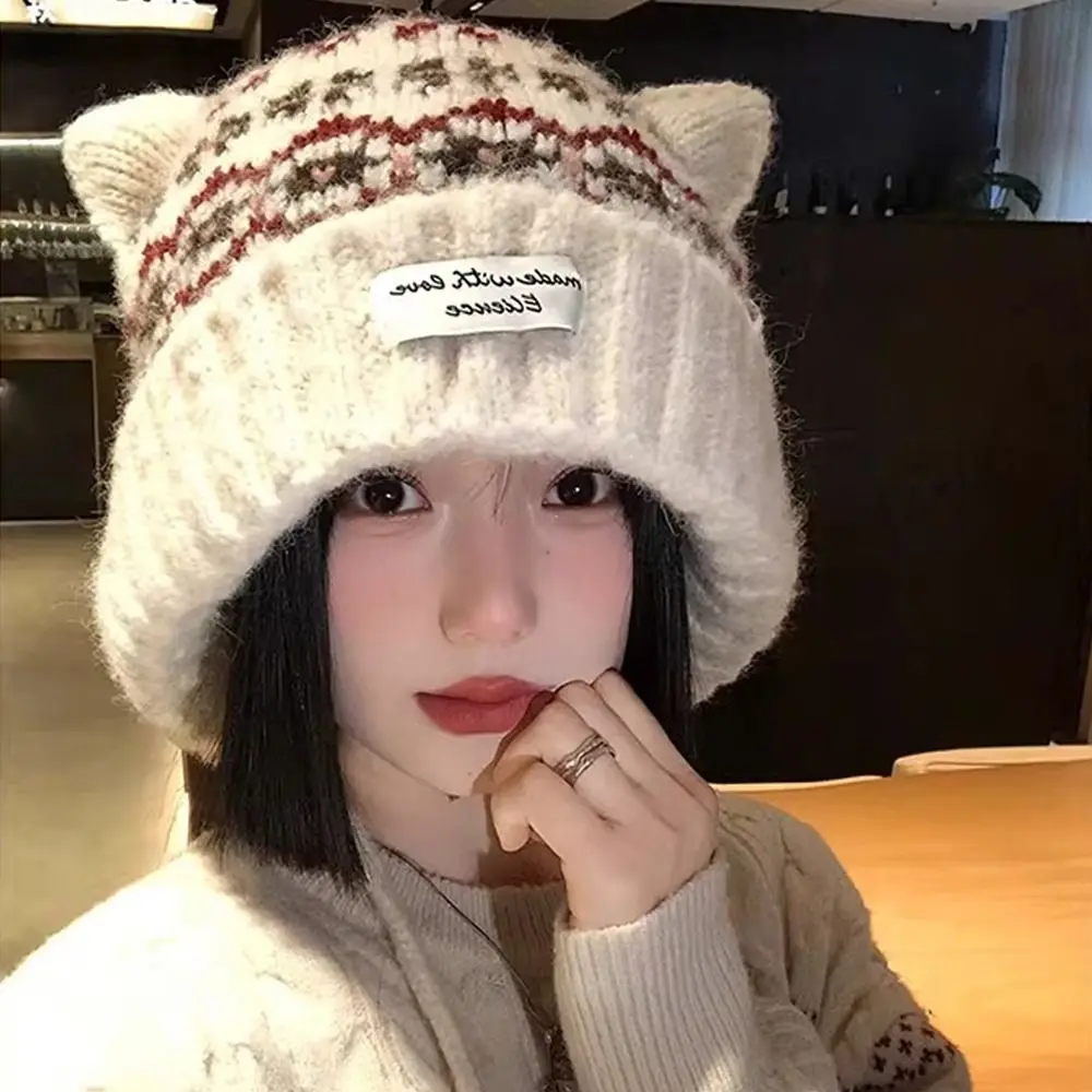 Cute Cat Ear Knitted Woolen Cap Thickened Windproof Ear Protection Cap Fell Island Style Keep Warm Winter Pullover Hat Winter