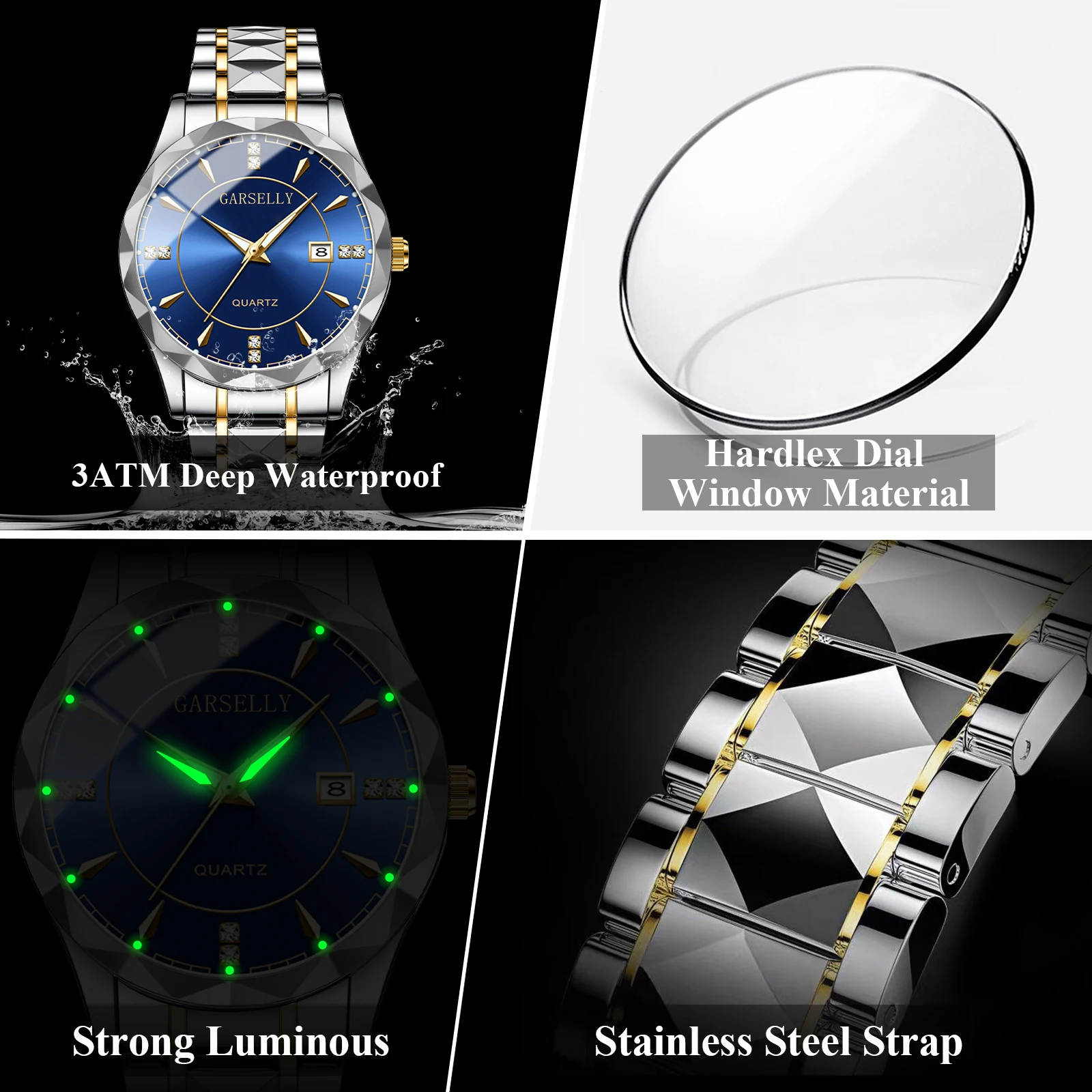 가셀리 비즈니스 고급 남성용 손목시계 날짜 요일 방수 야광 남성 시계 스테인리스 스틸 패션 쿼츠 시계