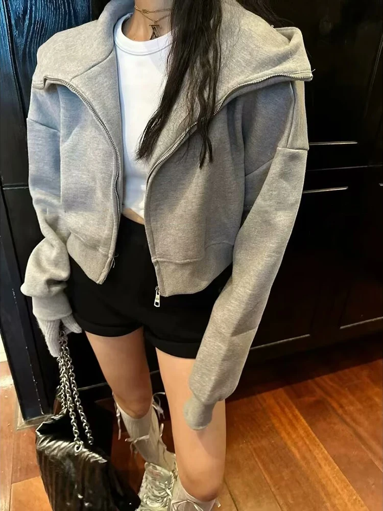 Autumn Winter Warm Long Gray Bomber Jacket With Hood Long Sleeve Zipper Jacket Oversized Coat Women Casual Outerwear Coat Tops