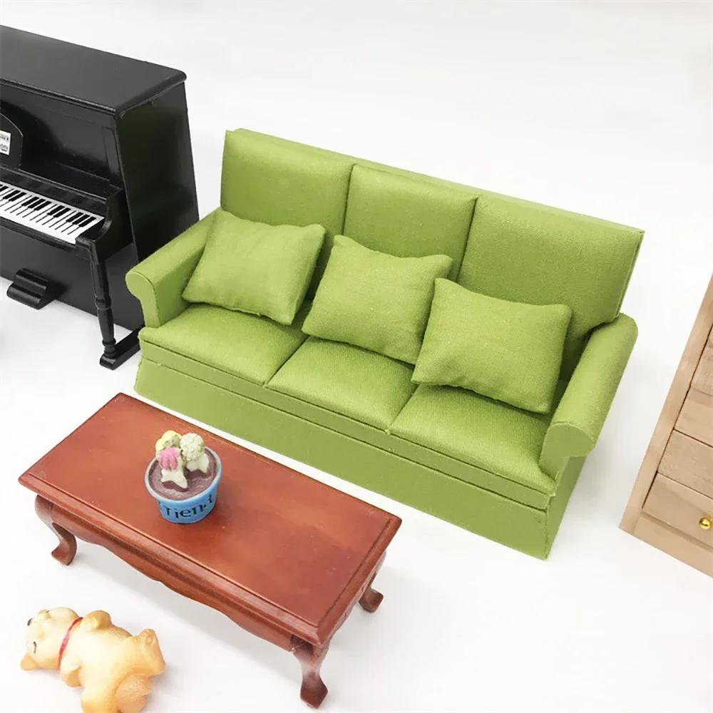 1/12 Dollhouse Miniature Accessories Mini Wooden Three-seat Sofa  Furniture Model Toy for Doll House Decoration ob11