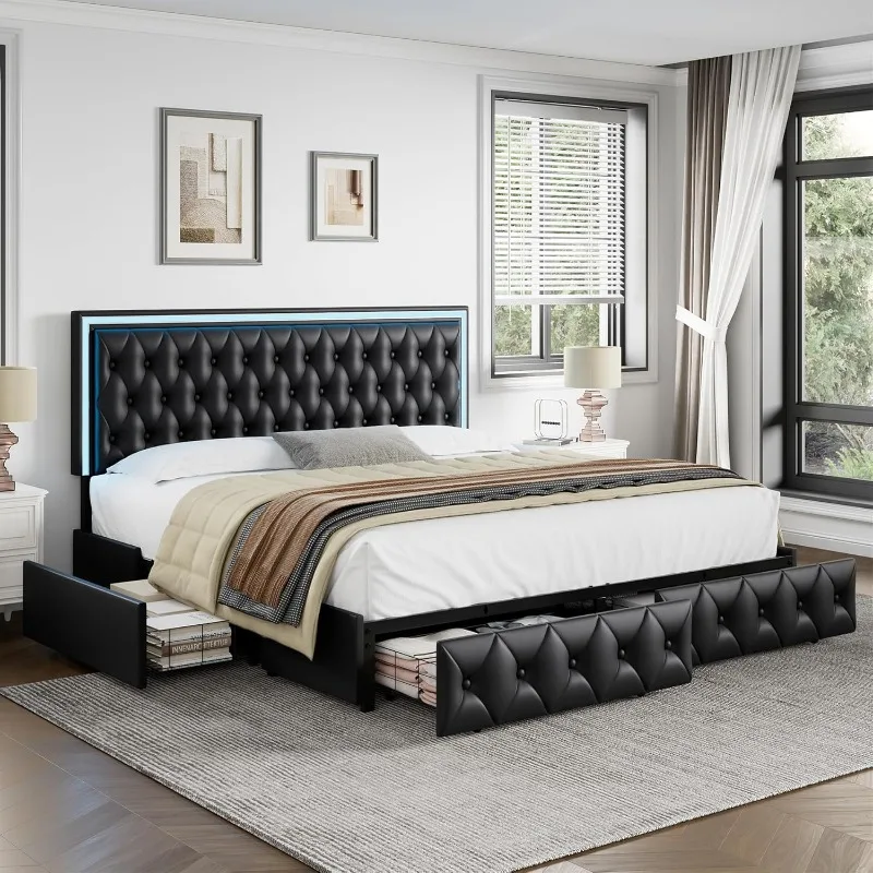 Upholstered LED Bed Frame with 4 Drawers, Pu Leather Platform Storage Bed with Adjustable Button Tufted Headboard