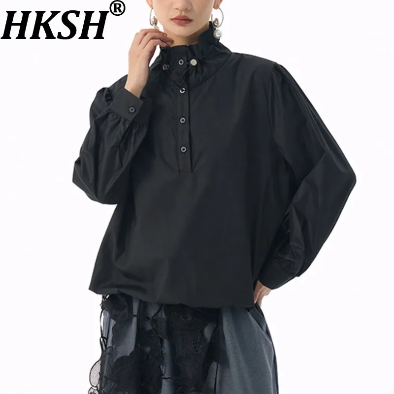 

HKSH Spring Autumn New Women Shirt Drawstring Stand Collar Buttoned Solid Color Versatile Elegant Casual Blouse Tide Top HK16078