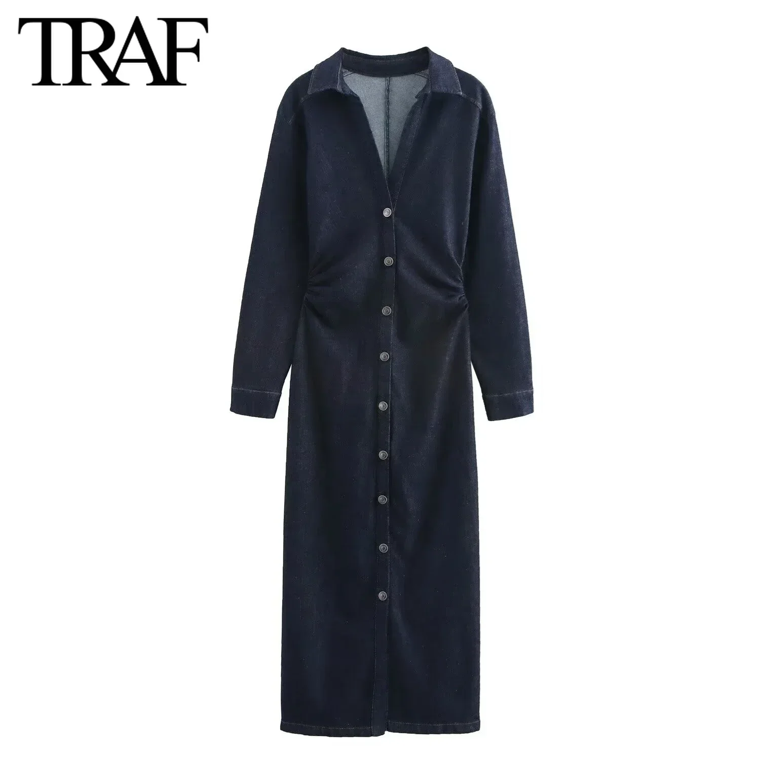 TRAF Women Fashion New Denim Long Sleeved Single Breasted Lapel Vintage Shirt Style Dress France Chic Female Evening Mujer