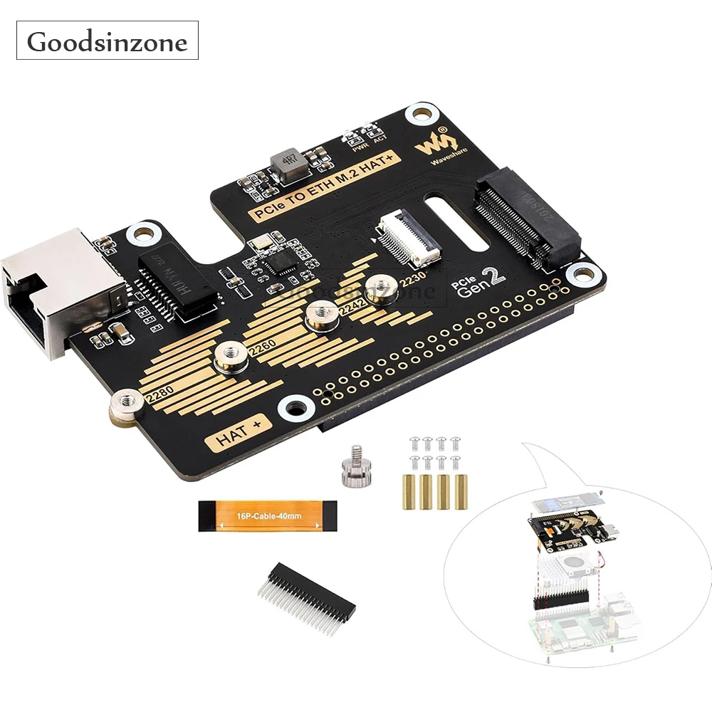 PCIe to Gigabit Ethernet and M.2 Adapter HAT Compatible with Raspberry Pi 5, Pi 5 NVMe HAT Support 2280/2260/2242/2230 NVMe M.2