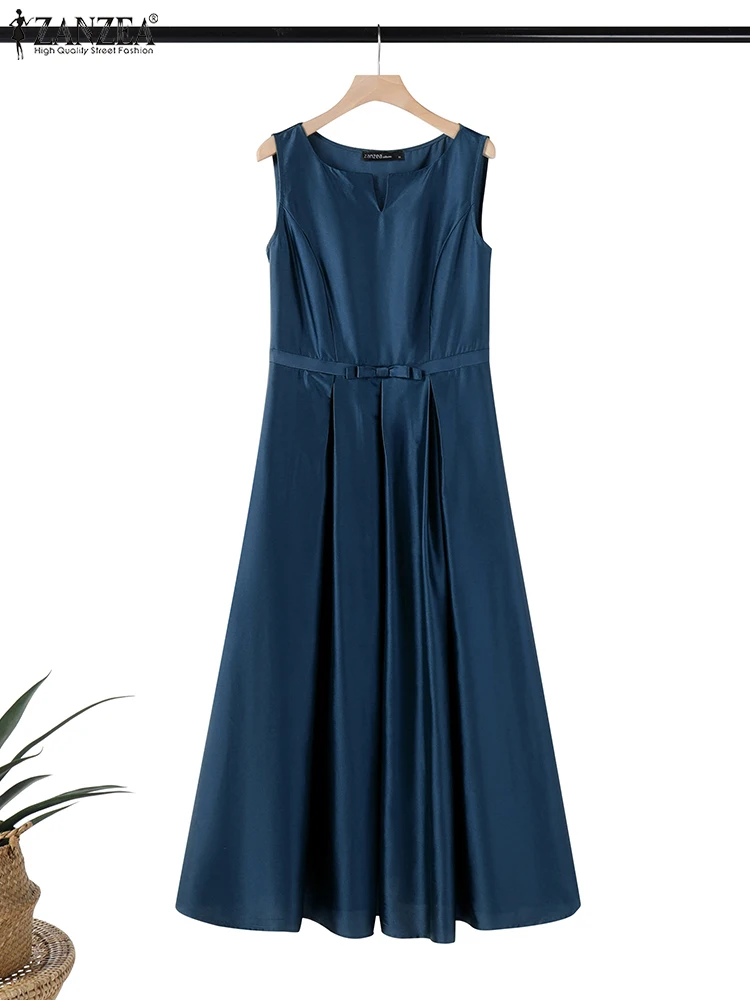 

ZANZEA Women Bow Detail Sundress Pleated Elegant Boat Neck Fashion Party Robes Femme Sleeveless Fitted Waist A-line Maxi Dresses