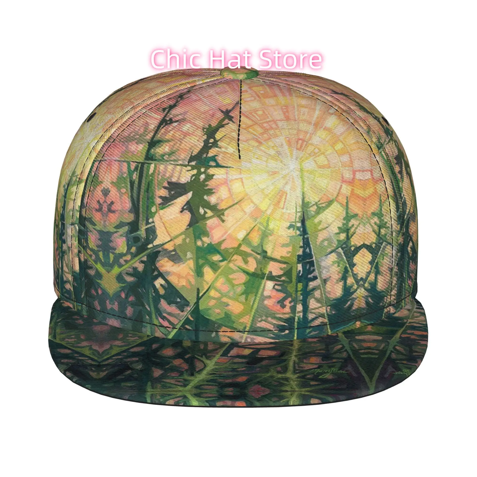 1pc Abstract Sunlit Forest Oil Painting Art Fully Printed Hip-Hop Caps, Baseball Caps, Stylish Flat-Brimmed Baseball Caps, Truck
