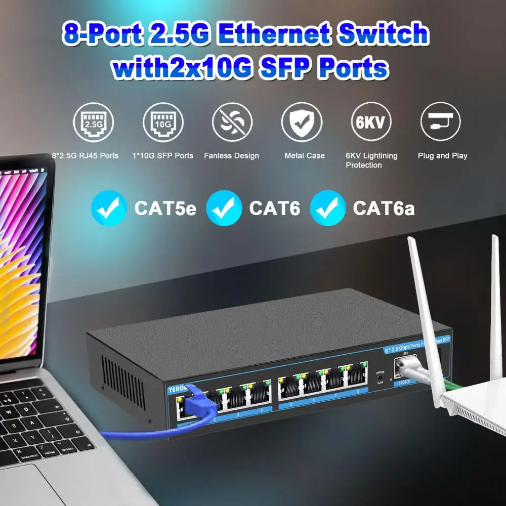 TEROW-Switch Ethernet para Internet, Porta LAN, 2.5Gbps, 8 Portas, Rede 10G SFP, 1G, Velocidades 2.5G, Plug and Play, Hub Internet Splitter, Fanless