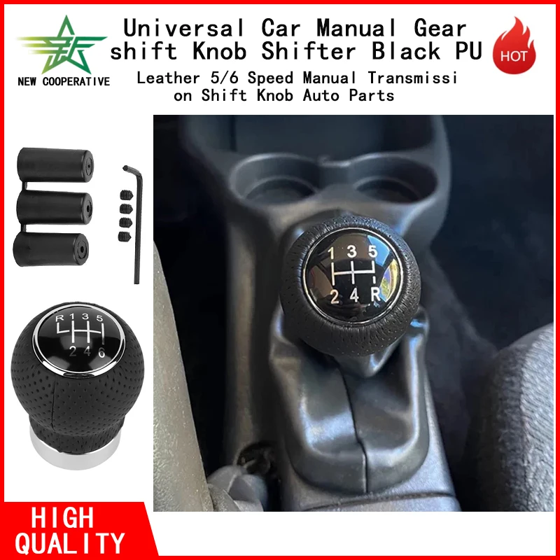 Pomo de Palanca de Cambios Manual de 5/6 Velocidades de Cuero PU Negro, Piezas de Automóvil, Pomo de Palanca de Cambios Manual Universal para Automóvil